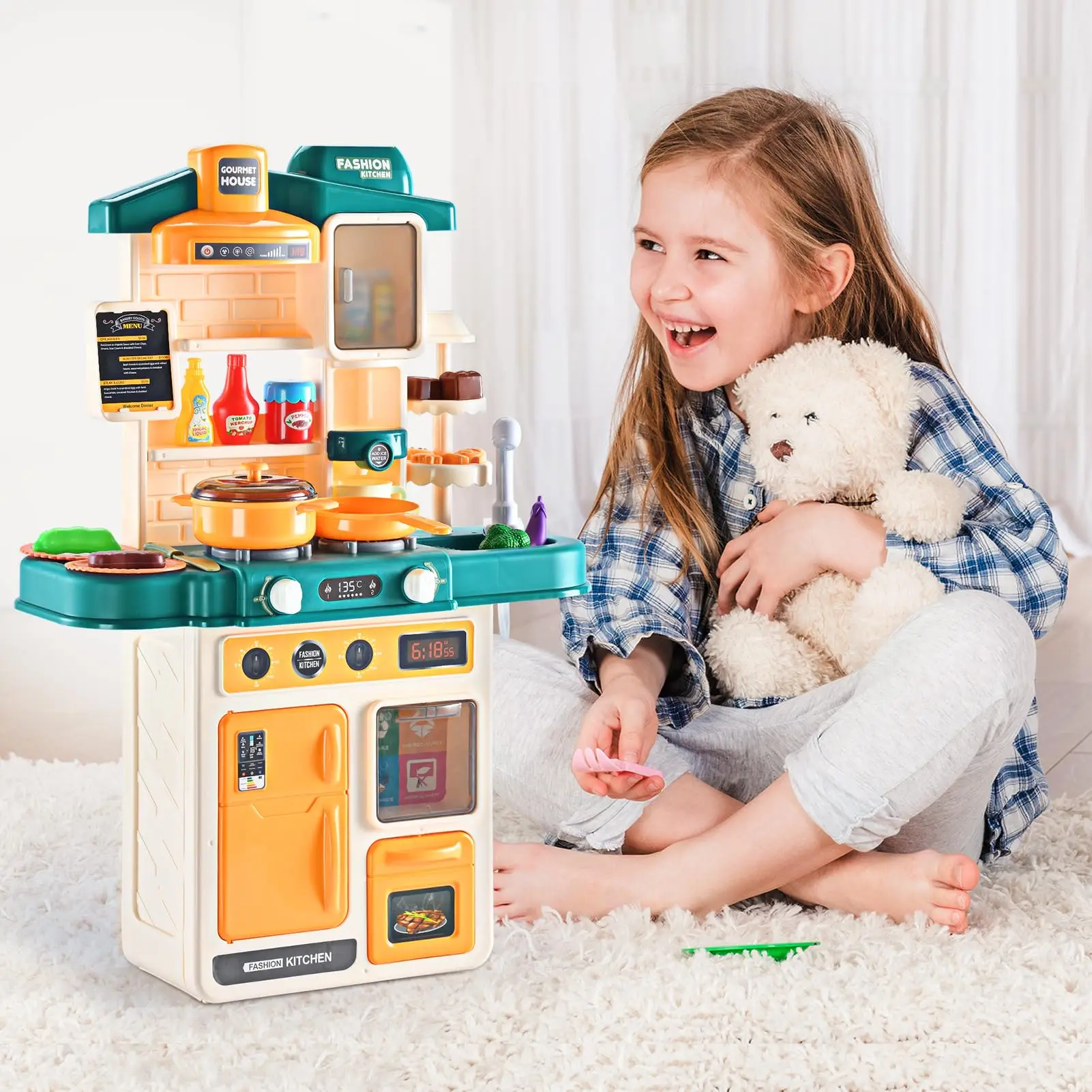 Playhiland Kitchen Playset,42Pcs for Boys and Girls with Realistic Lights and Sounds