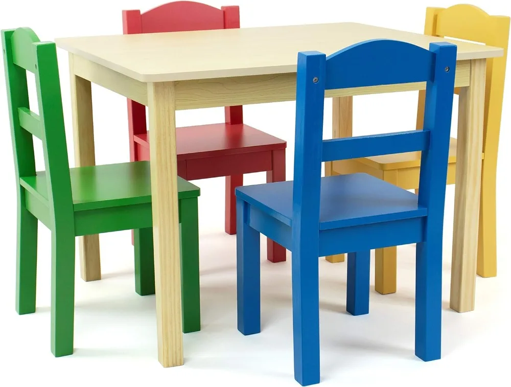 

Humble Kids Desk Crew Collection Kids Wood Table & 4 Chair Set, Natural/Primary Children Table and Chair Set