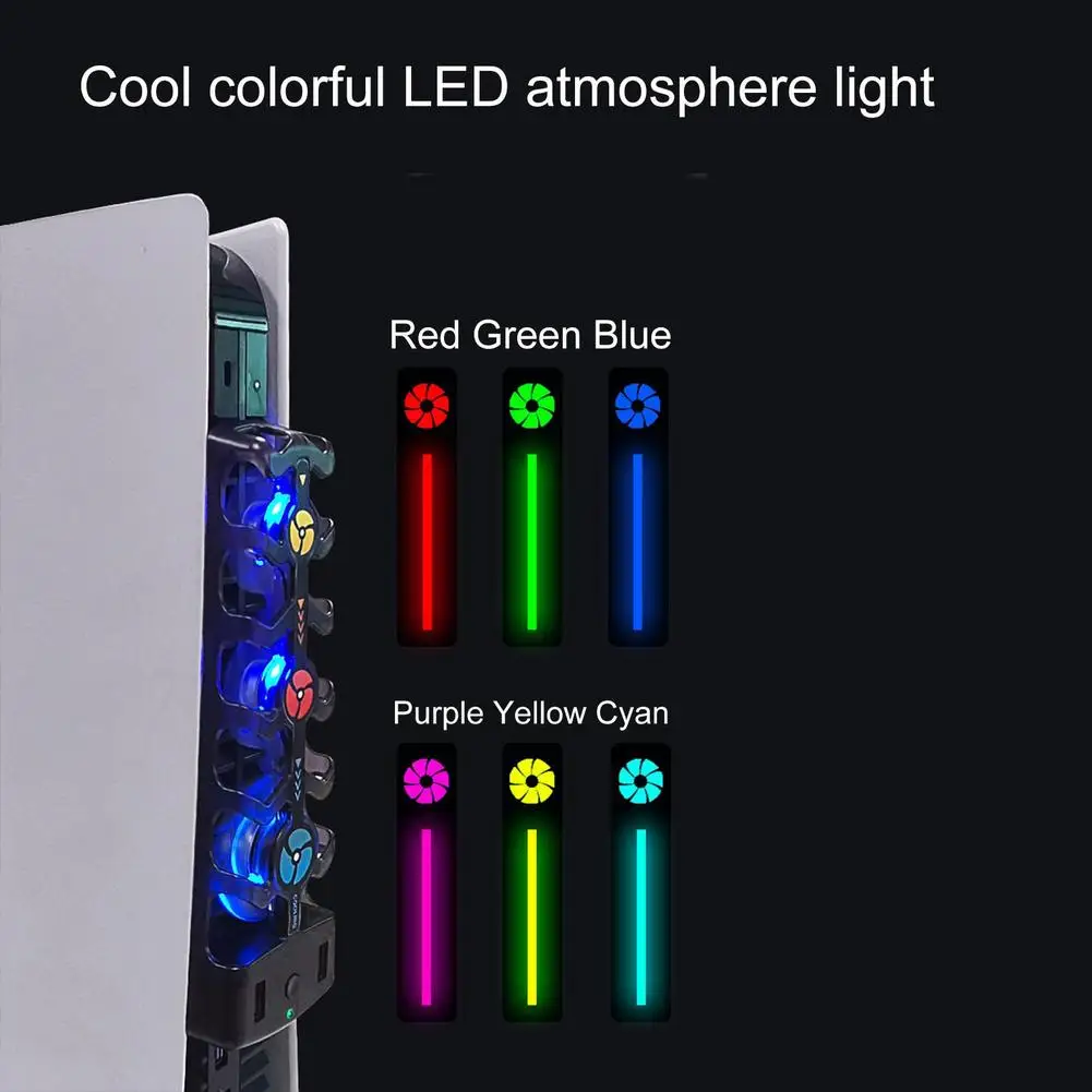 Cooling Fan High Efficient Cooler System With 7-Color LED Light 2 USB Ports 3 Fan Speed For PS5 Console Digital/Disc Version