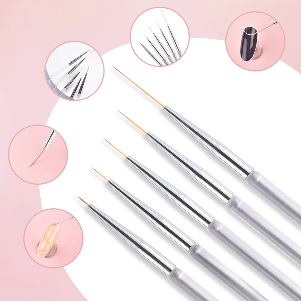 5Pcs/Set Nail Liner Brush Transparent Brush Holder Printing Drawing Vines Leaves Grids Lines Manicure Art Decoration Tools Kit 2
