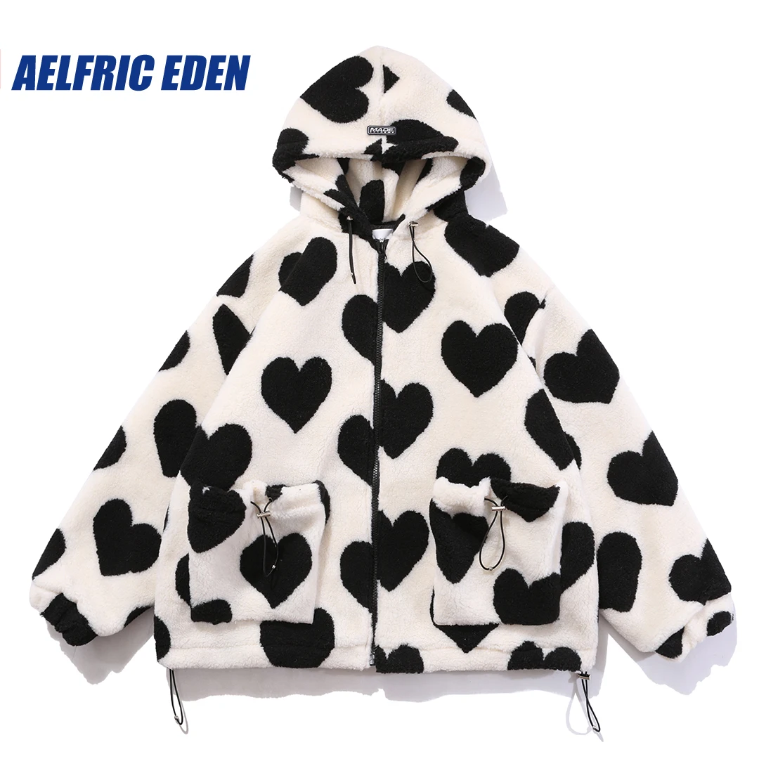 Vintage Heart Pattern Oversize Sherpa Coat Women Parka Flannel