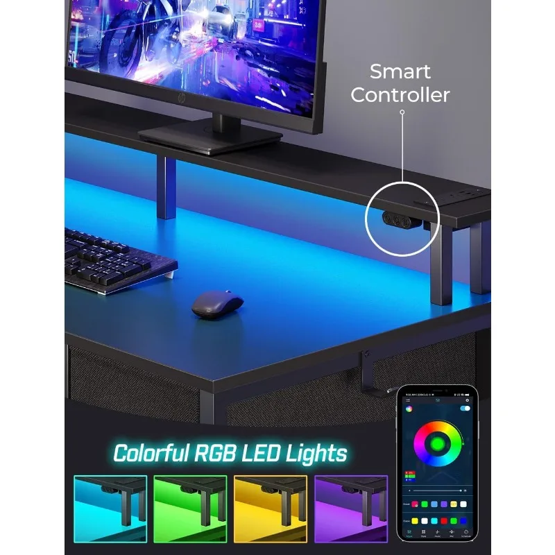 Computer Desk with Power Outlets & LED Light, 39 inch Home Office 5 Drawers, Writing Monitor Stand,Work for Office, Black 4
