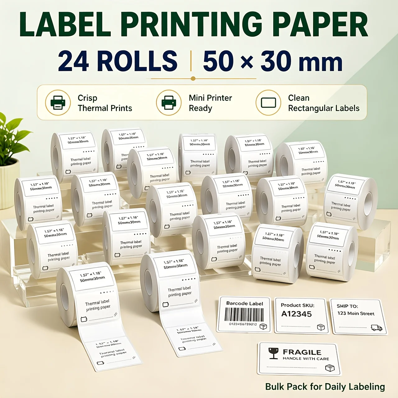 Thermal Printing Sticker Roll, Self-Adhesive for DIY Craft and Commercial Tags, 50x30mm