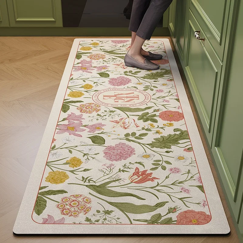 

Kitchen Carpet Diatom Mud Water-absorbent Non-slip Floor Mat American Style Home Decoration Rug Pink Flowers Carpets Green Plant