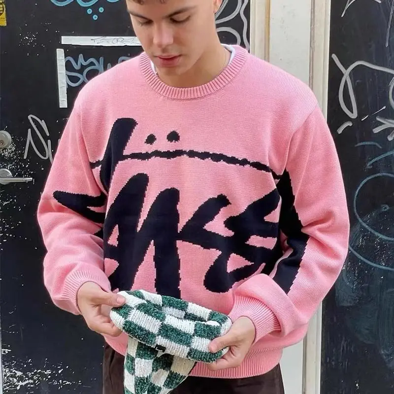 

2023 Autumn and winter loose sweater men big LOGO letter pattern crewneck jacquard couple knitwear