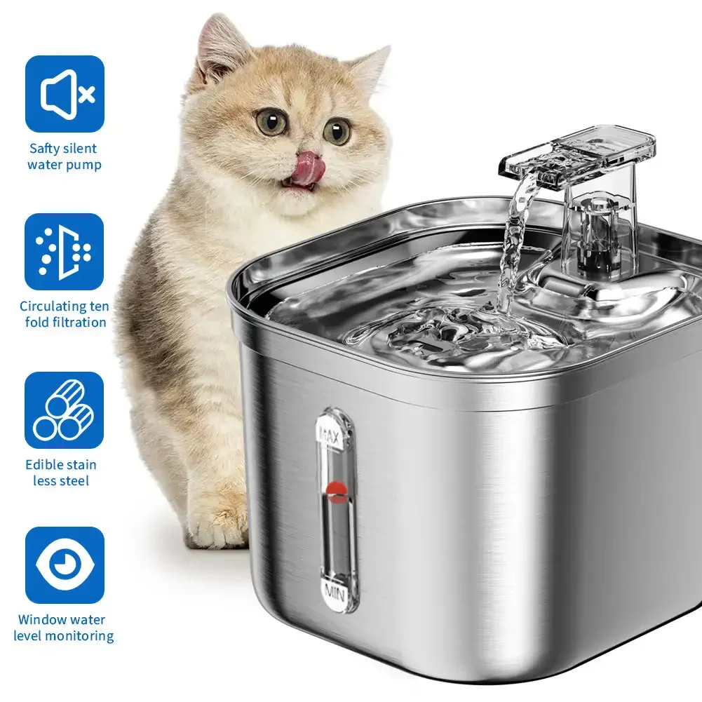 

Stainless Steel Cat Fountain With Water Mark Automatic Cats Water Dispenser Sensor Filter Pet Cat Ultra Quiet Pump Water Foutain