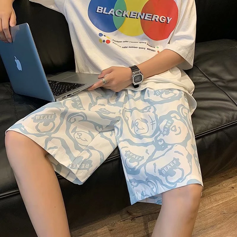 B-boy Trends Bear Print Shorts Male Loose Knee Length Shorts Hip Hop Fitness Pants Summer Outdoor Sport Street Punk Short Pants