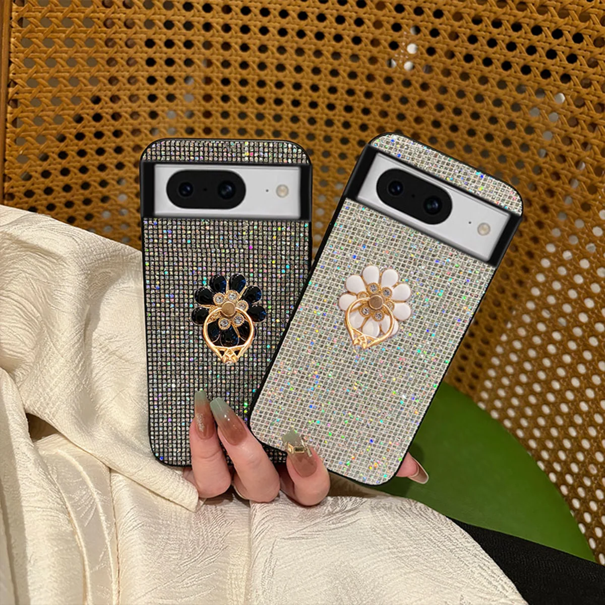 Luxury Sparkling Flower Ring Buckle Phone Case with Sequin Shiny Lattice Back Cover