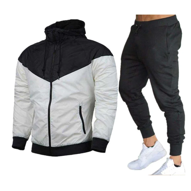 Windproof Warm Hooded Jacket Men's Sports Suits Drawstring Trousers New Zipper Pocket Outerwear Male Daily Casual Two Piece Sets