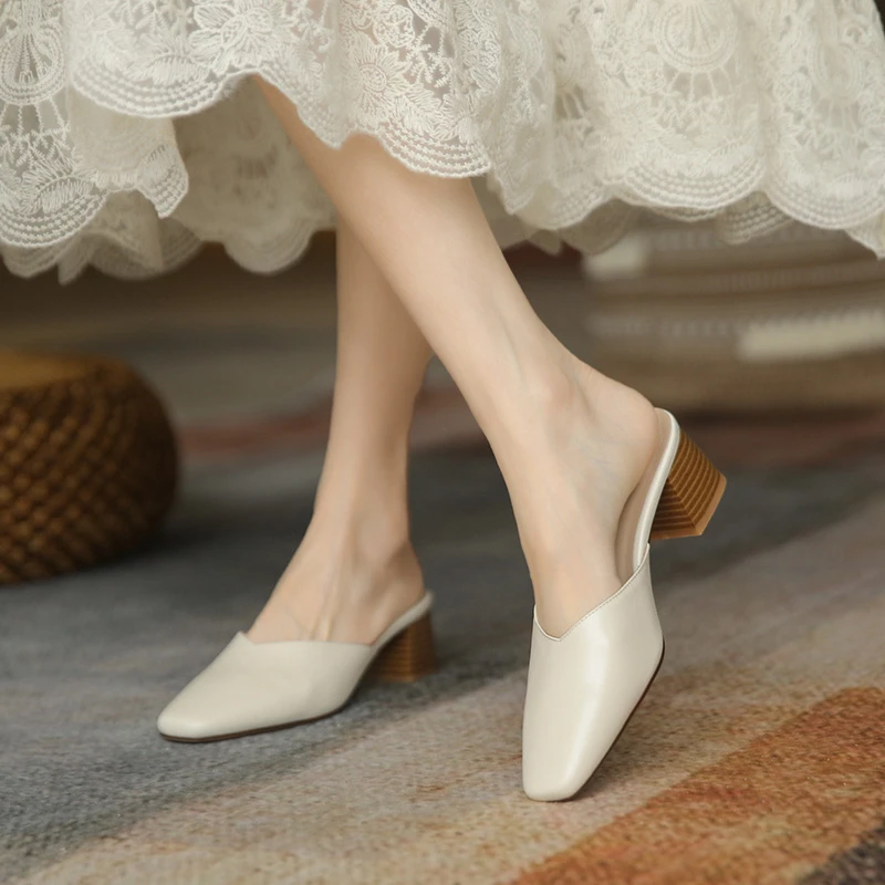 

Retro Thick High Heels Baotou Half Slippers Women's 2024 Summer New Versatile Slippers