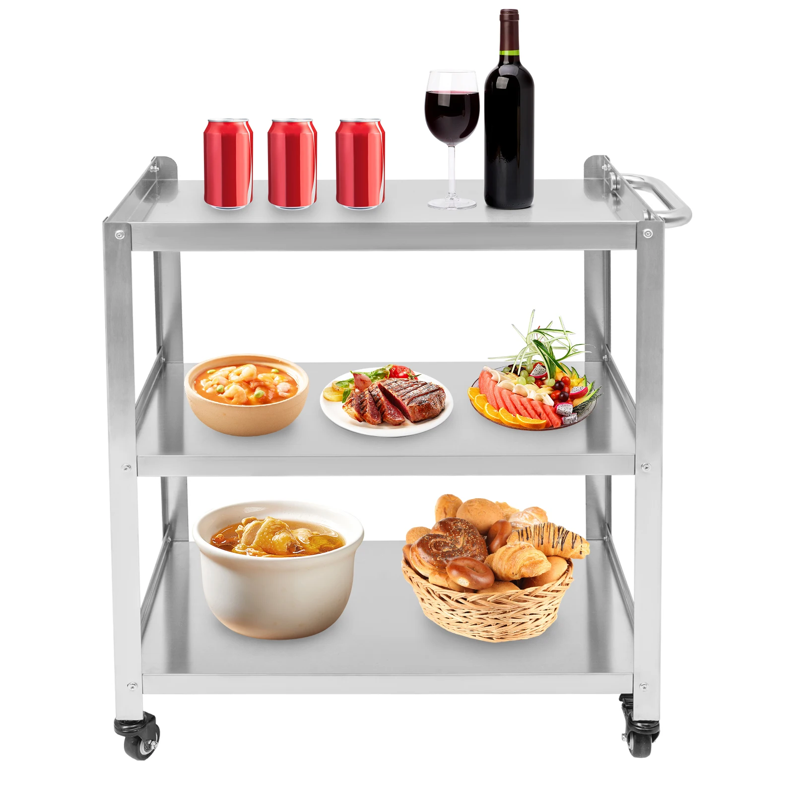 3 Tier Stainless Steel Kitchen Trolley Cart Utility Serving Storage Rolling Car Shelf Kitchen Trolley Car