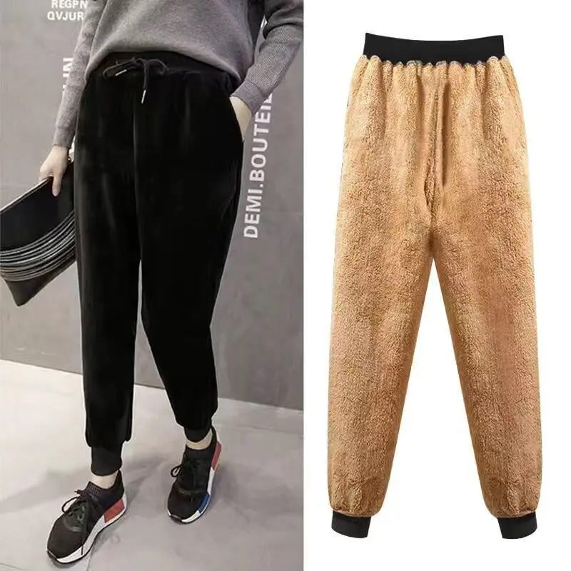 Thiened Fce Velvet Sport Pants Women's Loose Casual Harlan Pants Autumn Winter Warm Street Sle High Waist Nine Points