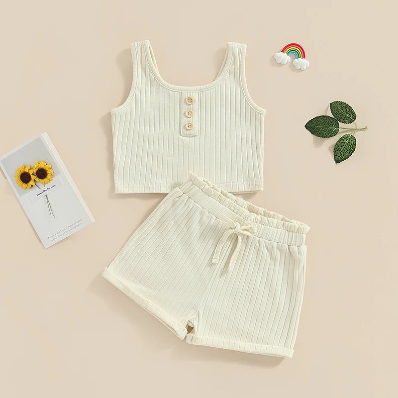 

EWODOS 4-8 Years Kids Girl Summer Outfit Solid Color Buttons Sleeveless Rib Knit Tank Tops Elastic Waist Shorts 2Pcs Shorts Set