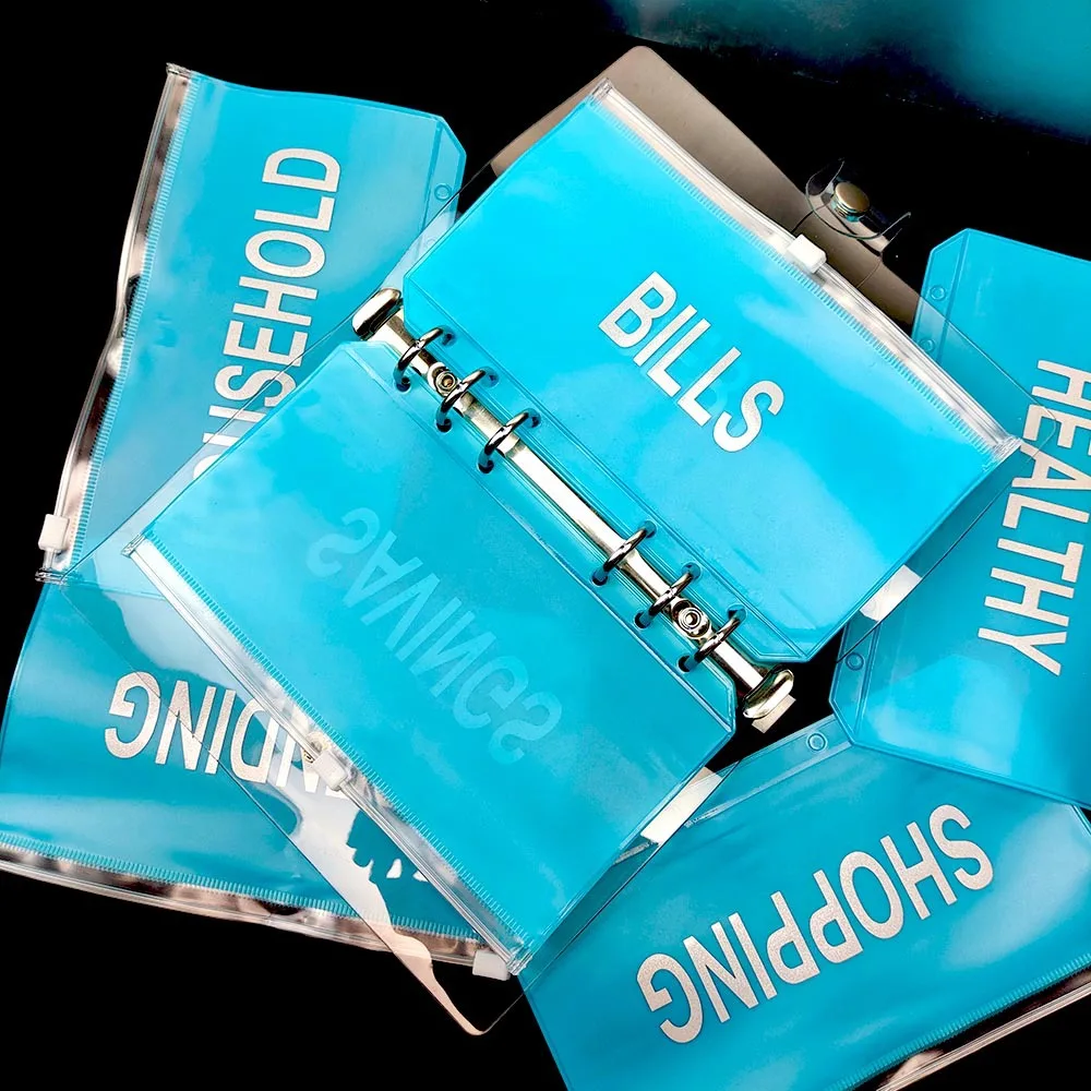 A5A6BlueCashPlannerPVCBinderPocketsClearZipperFoldersfor6