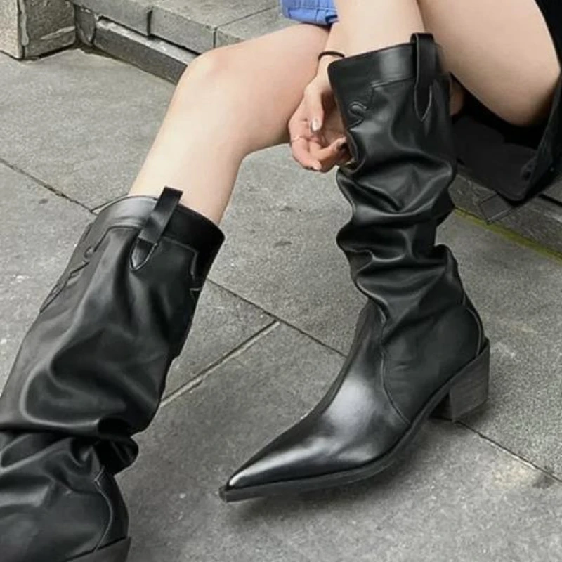 

Женские ковбойские ботинки с острым носком, плиссированные ковбойские ботинки без шнуровки на толстом каблуке, шикарная модная обувь, лето-осень 2023
