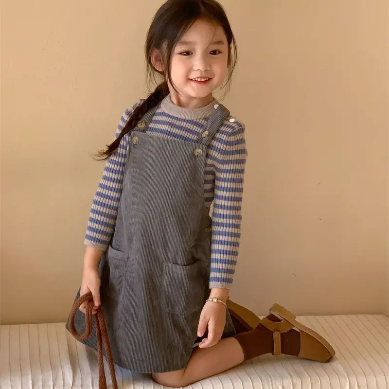 

Strap Skirt Girls Casual Corduroy Autumn New Childrens Clothing Solid Baby Princess Style Square Collar Soild Versatile