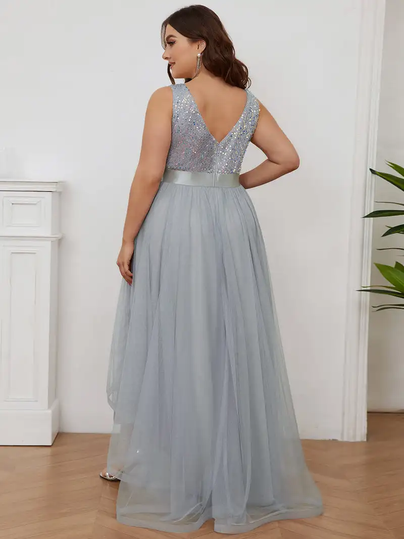 Plus Size Elegant Women's Dresses Long V-Neck Short Front Long Back Sleeveless Gown 2024 BAZIIINGAAA  of Silver Prom Women Dress