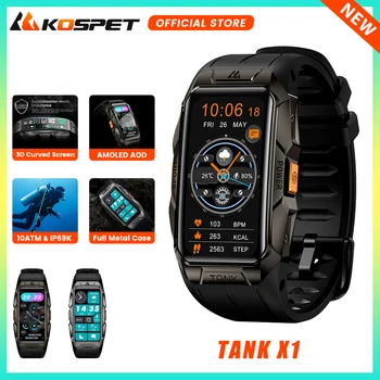 KOSPET 탱크 X1 남성용 스마트 팔찌, AMOLED 스크린 블루투스 팔찌, AOD IP69K 10ATM 방수 스마트 밴드, 정품