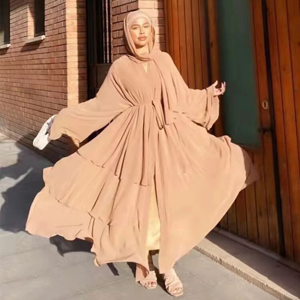 

Muslim Fashion Splicing Three-layer Chiffon Dress Women Robe Kimono Femme Musulmane Open Abaya Dubai Turkey Islam Arabic Abayas