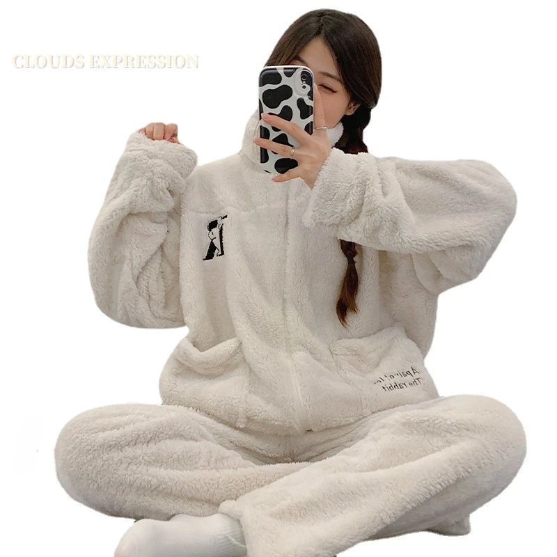 

Winter Warm Sporty Zipper Pajama Sets Women's Pyjamas Plaid Flannel Loung Sleepwear Girl Pijama Mujer Night Suits Homewear Pjs