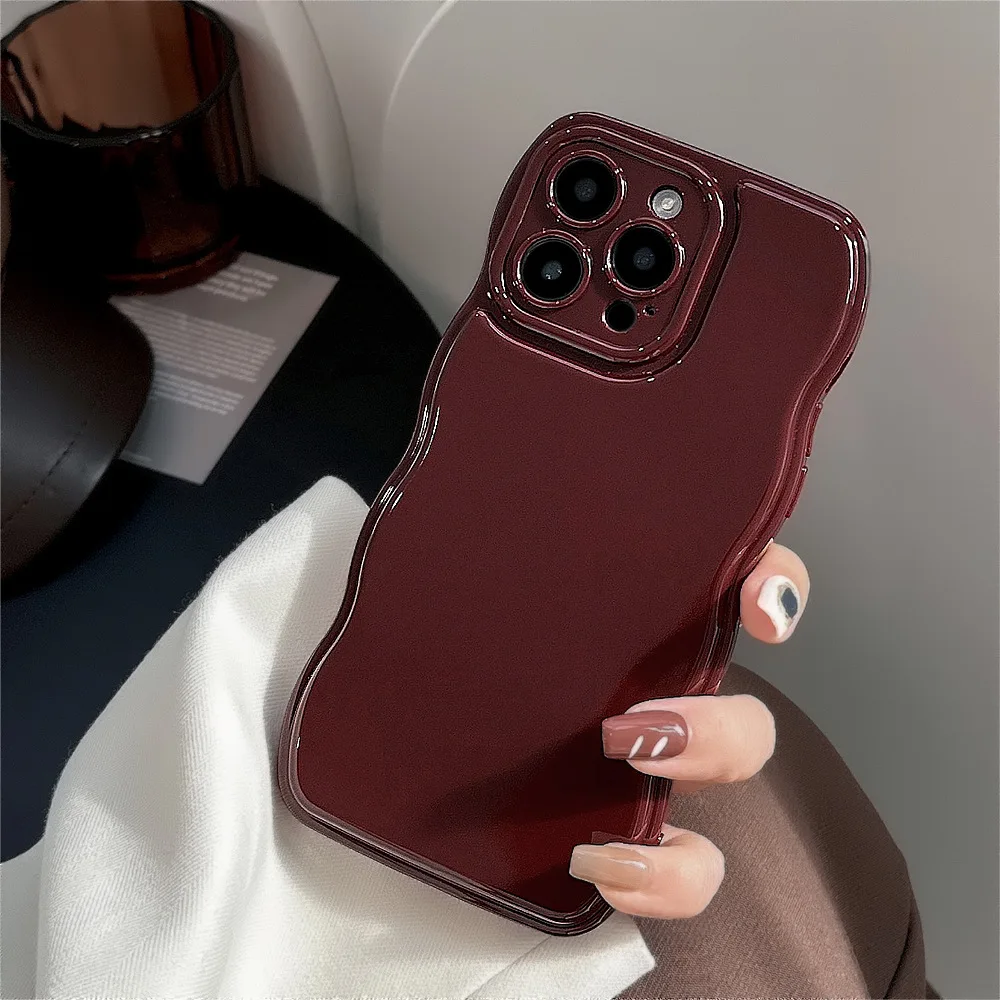 Elegant Wine Red Wavy Edge Phone Case - Soft Silicone Shockproof Protective Cover