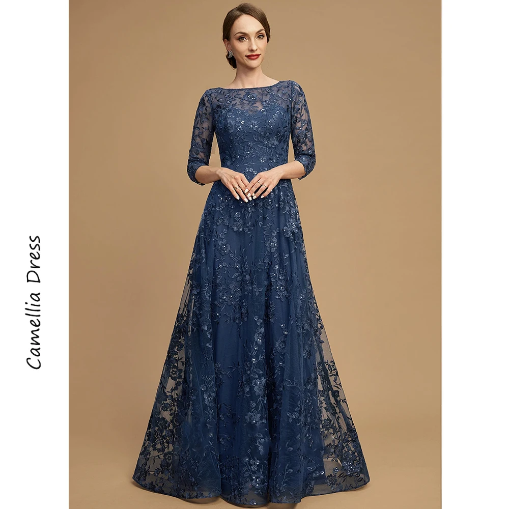 Mother bride dresses Women party dresses A-line Evening Scoop Illusion Dress Lace Sequins