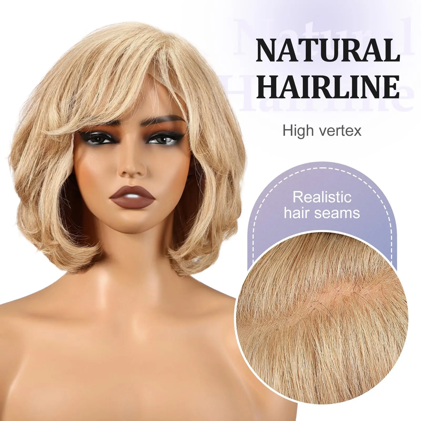 Blonde Remy Human Hair with Bangs Body Wave Short Bob Wigs Lace Frontal Wigs 12 Inches for White Women Daily Use