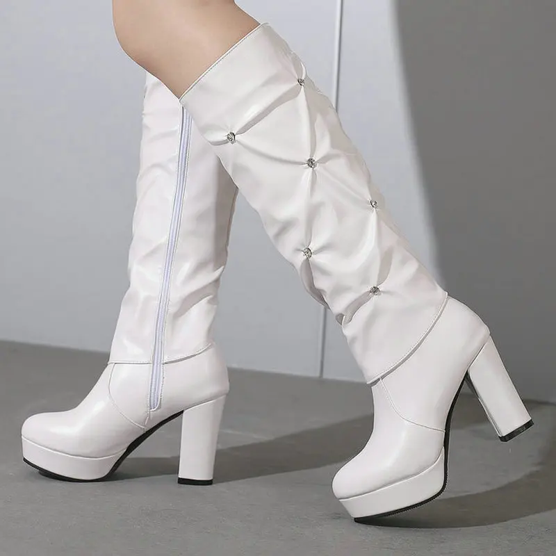 

2024 Women Knee High Boots Platform Square High Heel Ladies Calf Boots PU Leather Round Toe Side Zipper Dress Women Boots