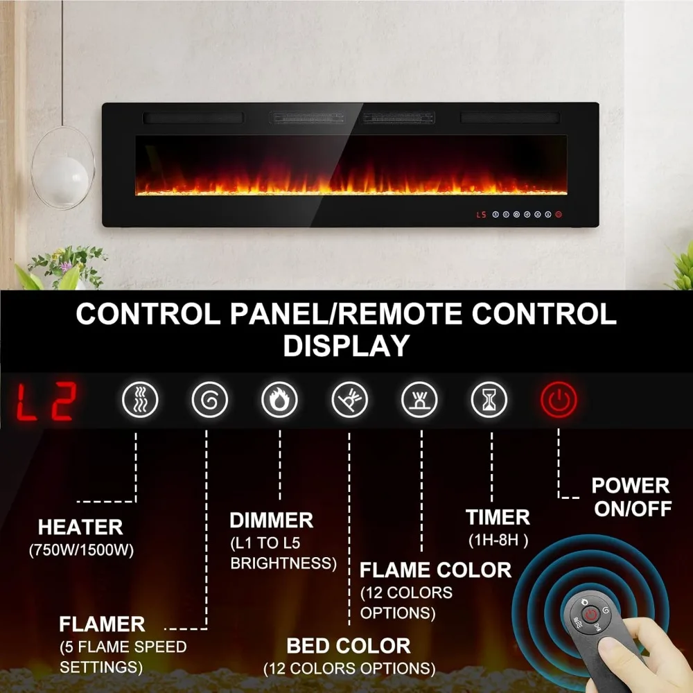 Recessed and Wall Mounted Fire Places Electric Fireplace with Remote Control, Toucn Screen 4