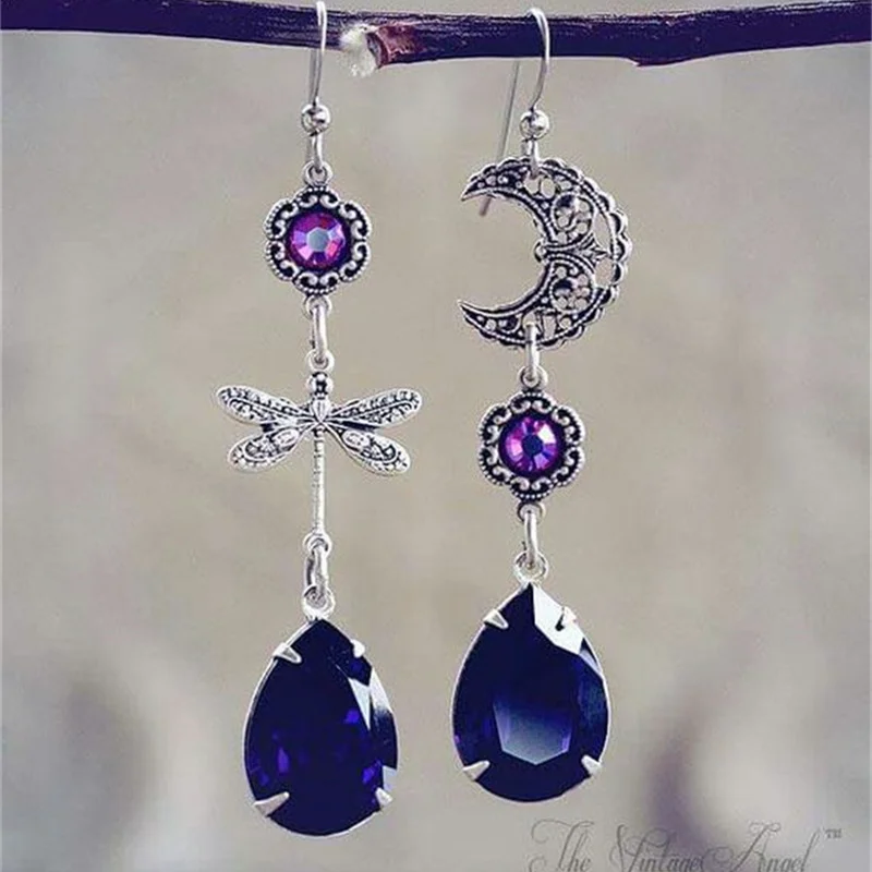 Squisiti Orecchini Waterdrop Waterdrop Moon Dragonfly Geometry Orecchini In Pietra Blu Viola Color Argento Per Gioielli Da Donna