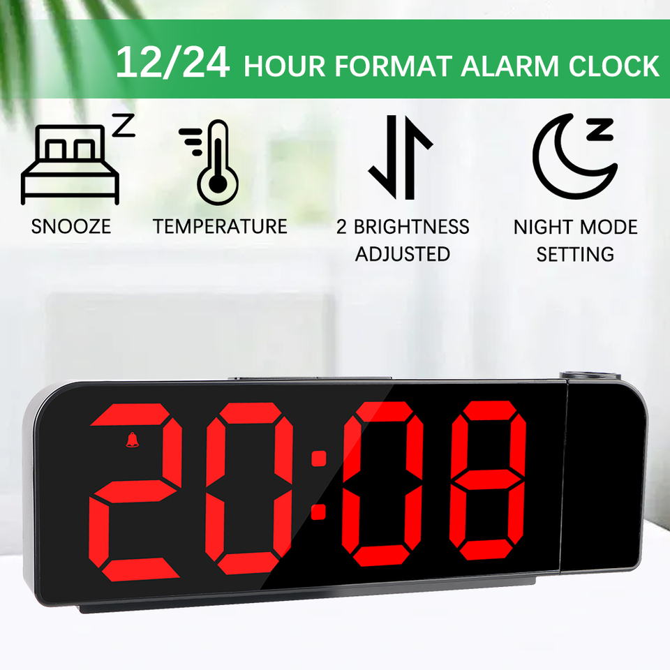 12H/24H Digital Projection Alarm Clock Power-off Memory Table Clock Night Mode Bedroom Electronic LED Clock 180° Rotation