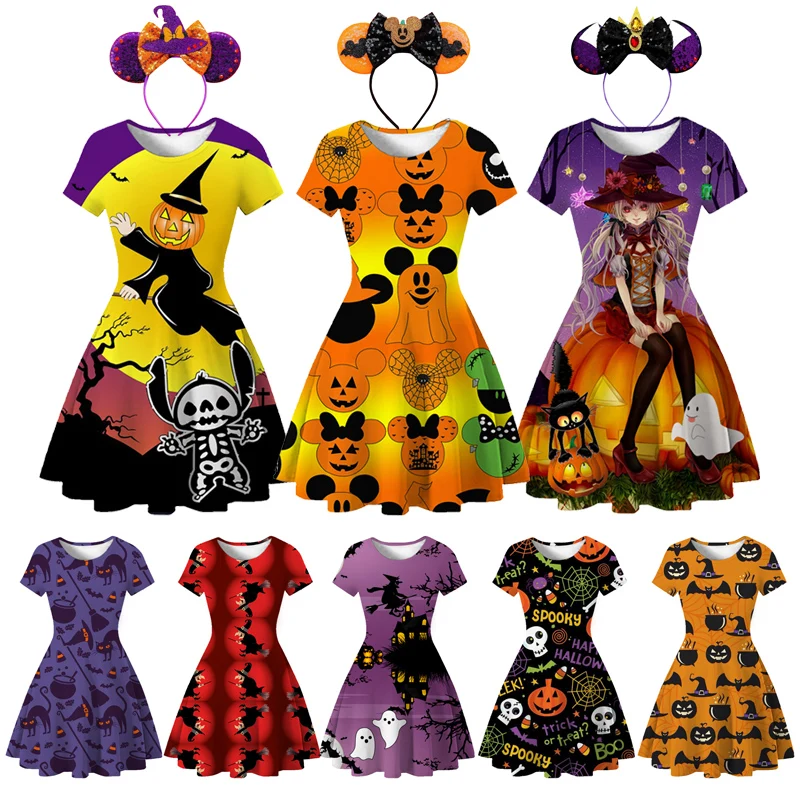 

Disney Girls 3D Cartoon Print Dress Halloween Vampire Cosplay Costume for Kids Summer Short Sleeve Clothing For 2-10 Years
