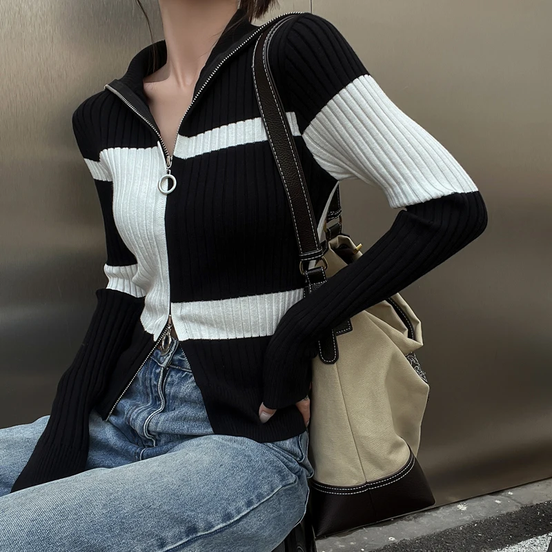 

Свитер ZCSMLL в рубчик на молнии, кардиган, Лоскутная водолазка с цветными блоками, Женская корейская мода, зеленые и черные облегающие Свитера на зиму