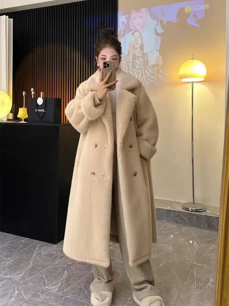 

Elegant Thickening Imitation Mink Velvet Fur Coat Women Winter V-neck Double-breasted Buckle Jacket Temperament Simple Tops