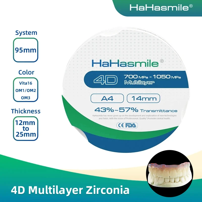 

HaHasmile 4D-Multilayer A4 95mm Zirconia Blocks Dental CADCAM Milling Disc 6 Layers Block Dental Material Lab