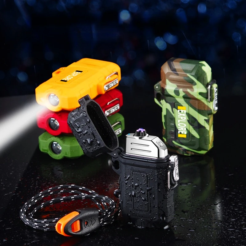 

F25 waterproof flashlight lighter outdoor double-arc USB rechargeable cigarette lighter outdoor camping special accessories gift