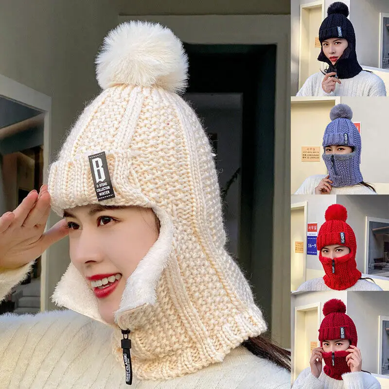

New Women Zipper Wool Knitted Hat Ski Windproof Winter Outdoor Knit Thick Siamese Scarf Collar Warm Keep Face Warmer Beanies Cap