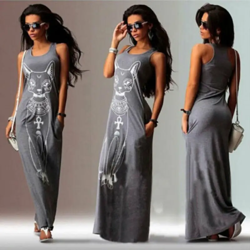 

New Fashion Womens Maxi Casual Beach Sundress Cocktail Sleeveless Kaftan Hippie Pocket Dress Maxi Dress Plus Size Dress