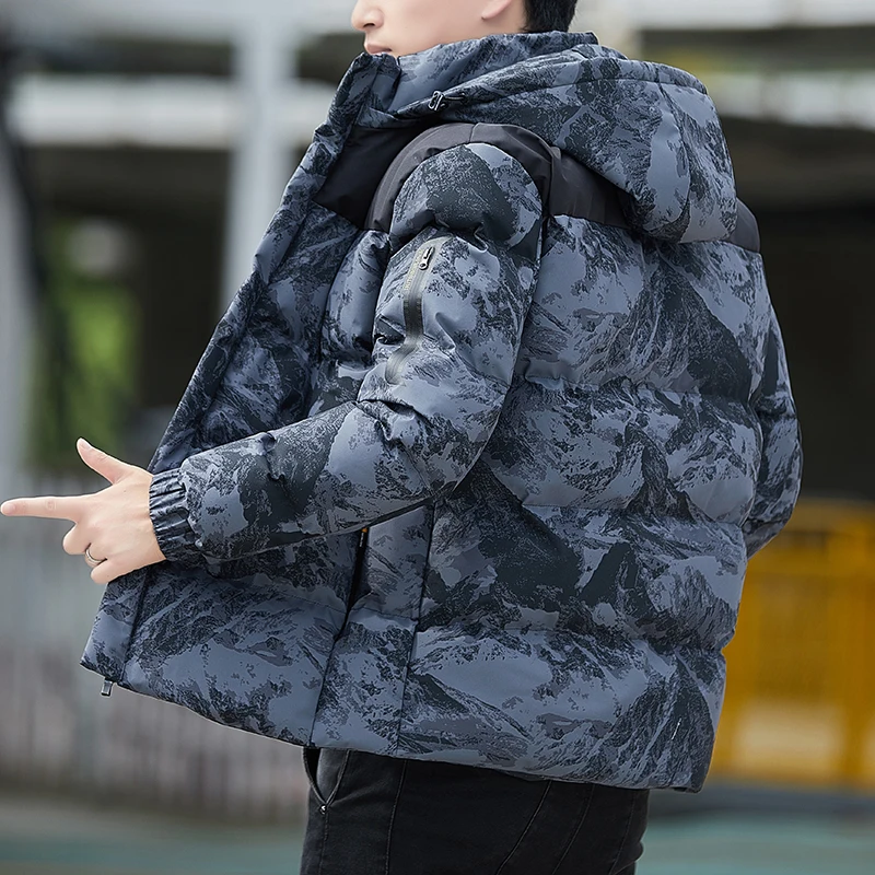 Detachable Cap Parkas Men's Winter 2023 New Fashionable Camouflage Thick Trendy Patchwork Long Sleeve Zipper Pocket Casual Coat