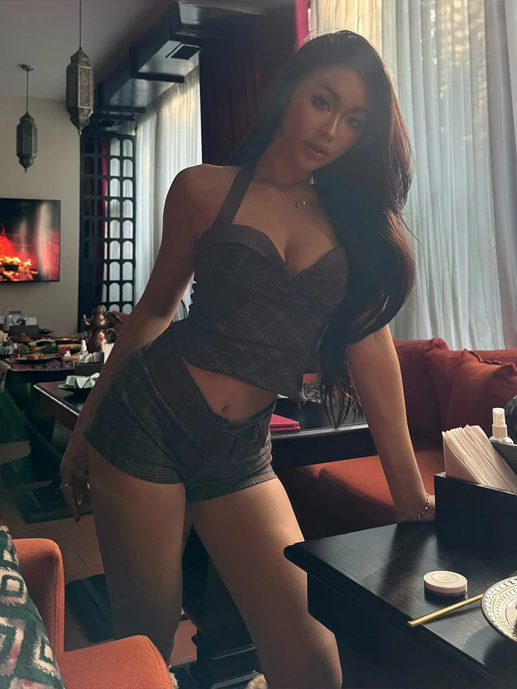 Nibber Patchwork Plaid 3-Piece Set Women Lace-Up Halter Low-Neck Backless Sleeveless Tops+Waistband+Mini Shorts Matching Suits