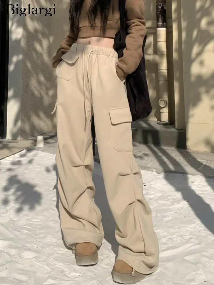 

Autumn Winter Long Cargo Pants Women Wide Leg Loose Pleated Korean Style Ladies Trousers Casual Fashion High Waist Woman Pants