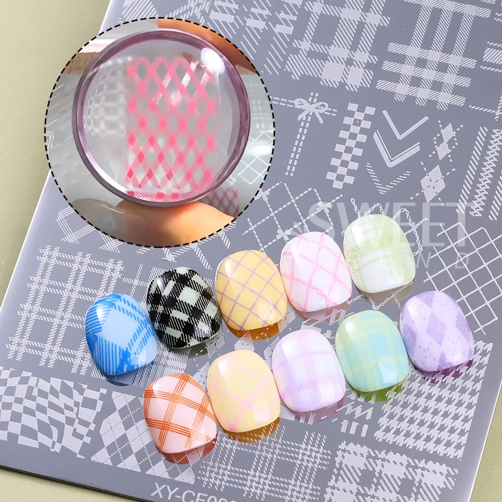 SWEET TREND-우아한 그리드 네일 스탬핑 플레이트 14.5X9.5cm 격자 무늬 라인 스트라이프 디자인 DIY 인쇄 네일 아트 플레이트 매니큐어 도구