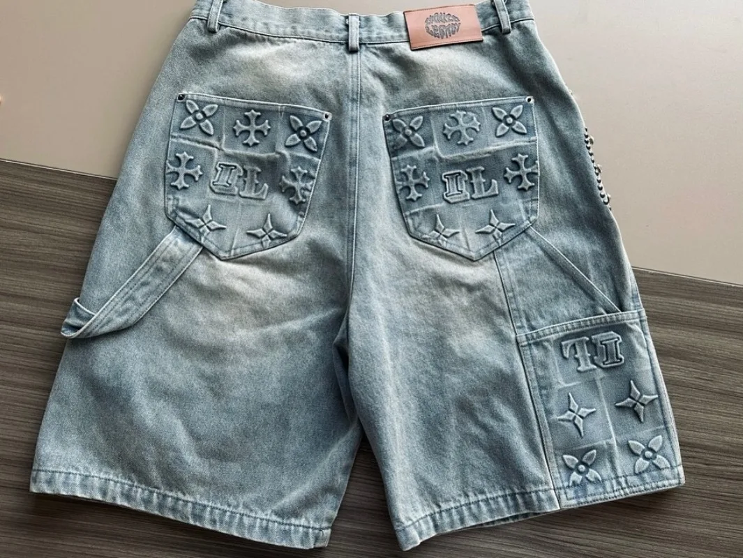 Denim Shorts Summer Jeans Shorts American New Fashion Geometric Decoration Baggy Denim Shorts Men Y2K Street Retro Hip Hop Popular Gothic Casual Wide Leg Shorts