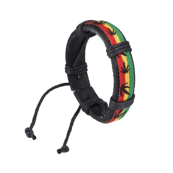 Jamaica Reggae Style Leather Bracelet Adjustable Wristband with Leaf Pattern for Men Women Hip Hop Rasta Wristband