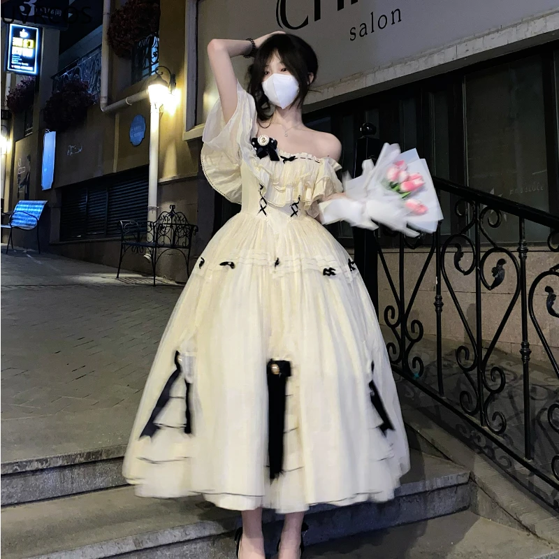 Vintage elegant Lolita dress women sweet bow high waist fairy party summer cosplay costumes French princess dress