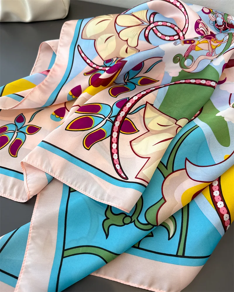 New cartoon emulated silk printed silk scarf shawl neck protection scarf decorative luxury women's scarf