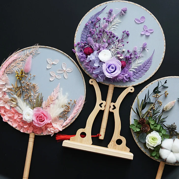 원형 팬 보존 꽃, 중국 고대 스타일, DIY 핸드 홀딩 팬 재료 패키지, 인공 꽃, 창의적인 결혼 선물 
