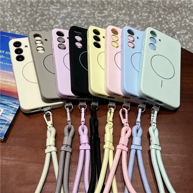 Elegant Liquid Silicone Magnetic Phone Case with Anti-Loss Lanyard - Shockproof Protection in Pure Color Design