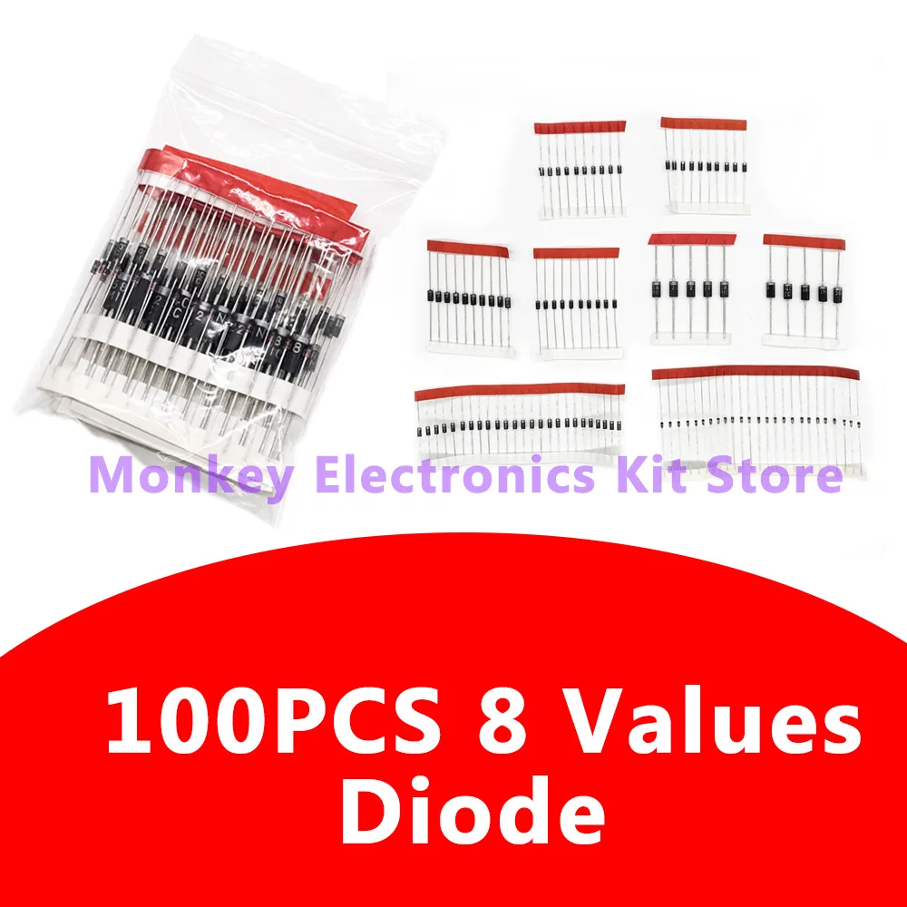 8 Values100PCS Diode Electronic Component Kit Fast Switching Schottky set 1N4148 1N4007 1N5819 1N5399 1N5408 1N5822 FR107 FR207 diode kit