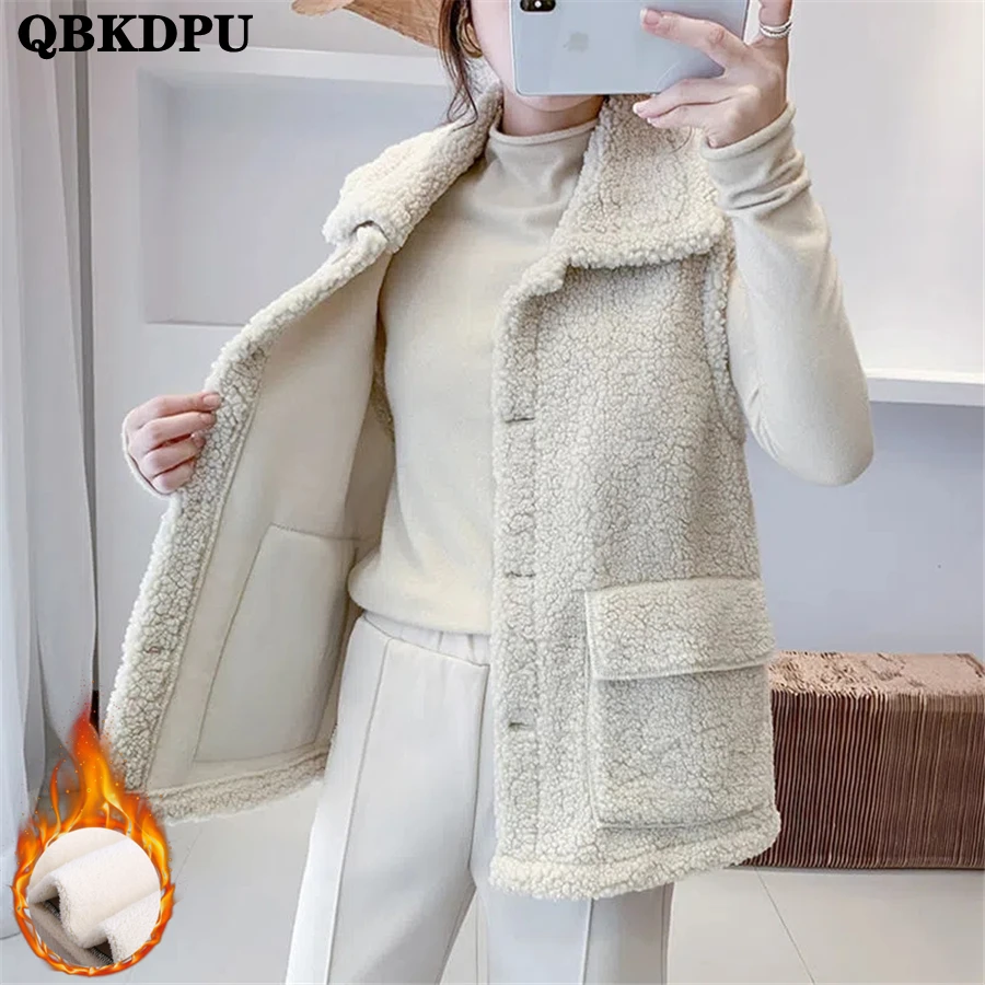 

Spring Korean Warm Thicken Lawb Wool Vest Coat Women Teddy Gilet Fleece Sleeveless Jacket Casual Loose Waistcoat Plush Chalecos